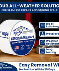 2 Inch By 196 Feet Long White Vapor Barrier Tape For Garage Door Sealing And Crawlspace Upgrades Heavy Duty Moisture Stopper view with label details.