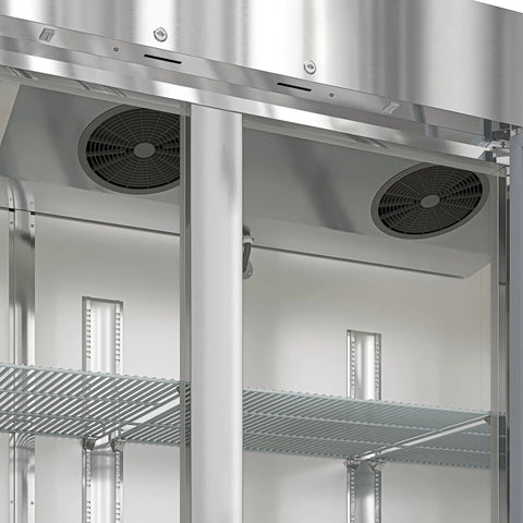 Inside view of Built To Last Straight Up Heavy Duty Three Door Stainless Steel Commercial Reach In Refrigerator 72 Cubic Feet.