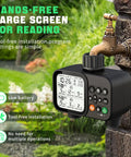 2 Zone Hose Timer With Auto Rain Delay, 3.3-Inch LCD, IP54 Waterproof Drip Irrigation Controller attached to faucet outdoors.