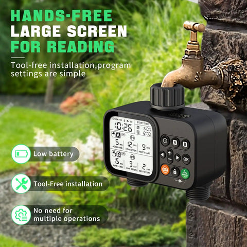 2 Zone Hose Timer With Auto Rain Delay, 3.3-Inch LCD, IP54 Waterproof Drip Irrigation Controller attached to faucet outdoors.