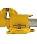 Heavy Duty 6 Inch Bench Vise with High Visibility Yellow Cast Steel, Swivel Base with 360 Degree Rotation, side view.