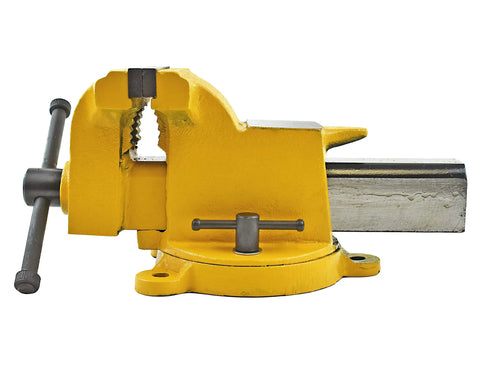 Heavy Duty 6 Inch Bench Vise with High Visibility Yellow Cast Steel, Swivel Base with 360 Degree Rotation, side view.
