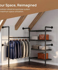 Heavy Duty Wall Mounted Industrial Pipe Closet Rack Featuring Six Generous Shelves And Two Sturdy Bars Built Different To Save Space And Expand Easily In Deep Black with hanging clothes and storage.