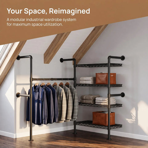 Heavy Duty Wall Mounted Industrial Pipe Closet Rack Featuring Six Generous Shelves And Two Sturdy Bars Built Different To Save Space And Expand Easily In Deep Black with hanging clothes and storage.