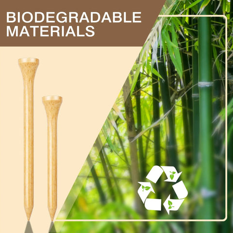 Two sizes of Natural Bamboo Golf Tees 200 Pack With 2-3/4 Inch And 3-1/4 Inch Sizes Available Reduce Friction And Side Spin on eco background