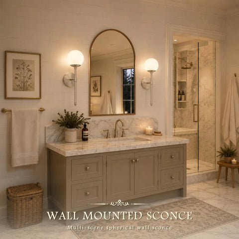 KoKo&Yukina 2 Pack Nickel Mid Century Wall Sconce Bedroom Bulb Included in a stylish bathroom with marble countertop.