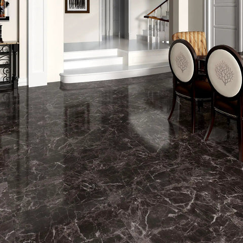 Brown Marble Vinyl Floor Tile 12x12 Inch Peel And Stick Self Adhesive Flooring in a modern dining room setting with glossy finish