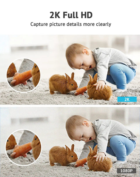 Child and rabbits captured with 2K Indoor Security Camera for Home, Baby, Elder, and Pet Monitoring With Clear Night Vision.