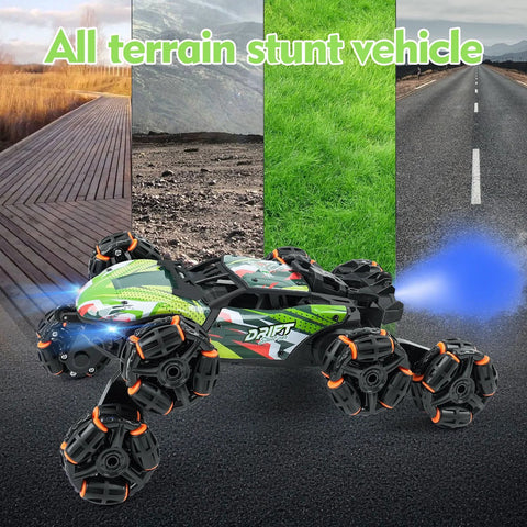 Angled front view of ToyFuntasy 8-wheel RC stunt car, green/black body with orange accents and headlights lit.
