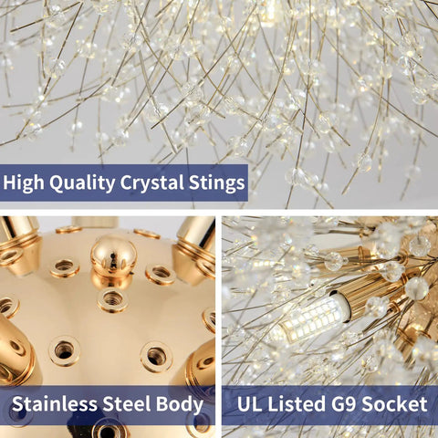 Sputnik Flush Mount Crystal Chandelier In Gold Finish Modern 8 Light Close To Ceiling Fixture For Bedroom Kitchen Hallway Entryway Sparkling Firework Design 11.8 Inch Height And 21.5 Inch Width