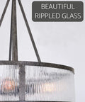 Cheyenne 23 Inch Four Light Modern Drum Chandelier With Rippled Glass Panel Shade In Galvanized Steel Finish close-up view