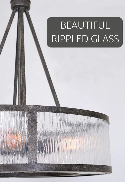 Cheyenne 23 Inch Four Light Modern Drum Chandelier With Rippled Glass Panel Shade In Galvanized Steel Finish close-up view