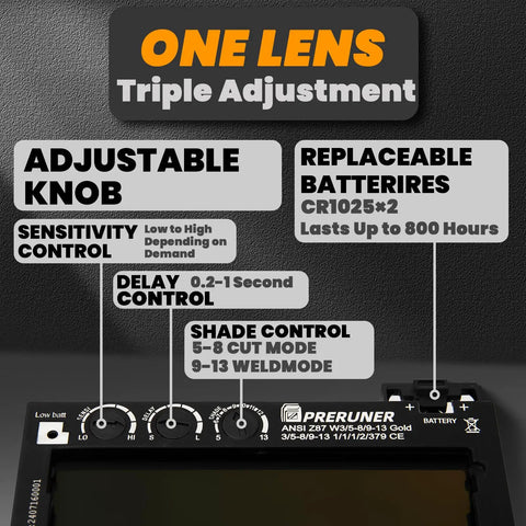 Flex Series Red Shade 5-13 Auto Darkening Welding Lens details with adjustable knob, sensitivity, and delay controls.