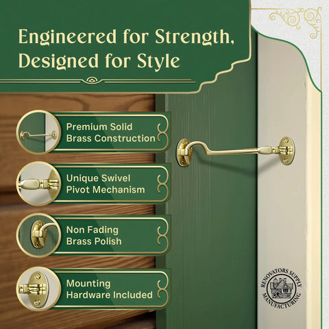 Durable Brass Storage Hook With Swivel Eye Latch For Cabinets And Doors, Easy Install, Rust Resistant showcased on a green door