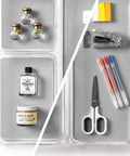 Three Piece Drawer Organizer Bin Set In Gray Large For Must Have Multi Purpose Storage with items like scissors and pens
