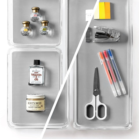 Three Piece Drawer Organizer Bin Set In Gray Large For Must Have Multi Purpose Storage with items like scissors and pens