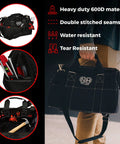 Heavy Duty 16 Inch Tool Tote With 24 Pockets And Wide Mouth held by a person, featuring dual handles and durable 600D material.