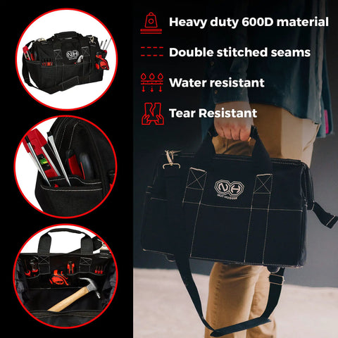 Heavy Duty 16 Inch Tool Tote With 24 Pockets And Wide Mouth held by a person, featuring dual handles and durable 600D material.