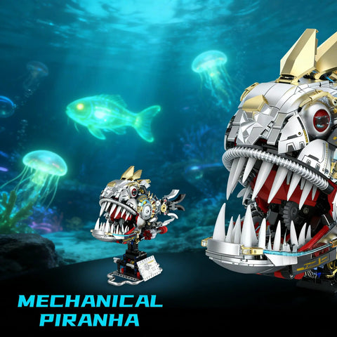 Mechanical Piranha Building Set With Multi Joint Linkage Fish That Works With Lego Animal Bricks Dope For Book Shelves Or Home Office Decor, ocean view