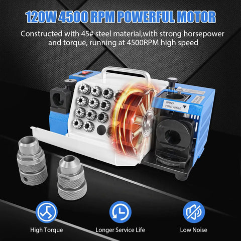 Top Notch Drill Bits Sharpener Machine For 3 To 20mm With 18 Collets, Adjustable Lip Relief And Point Angles, Portable Grinding Tool With CBN SDC Wheel, featuring powerful motor and steel construction.