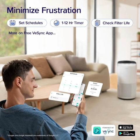 Person using app to control Big Room Air Purifier For Homes Up To 1733 Sq Ft With HEPA Sleep Mode Clean Air Monitor Auto Mode Smart WiFi 3 In 1 Filter For Pet Dander Smoke Dust AHAM Verifide Core 400S P White
