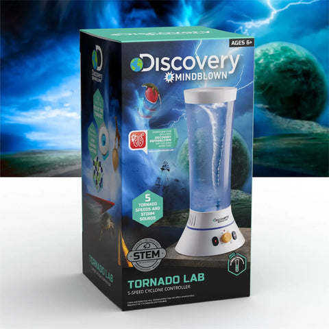 Box of Tornado Lab STEM Kit with 5-Speed Cyclone Controller for kids 6 and up, featuring vortex creation and educational fun.