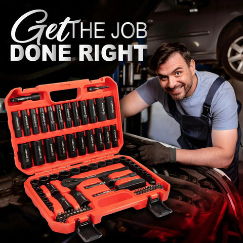 Three Eighths Inch Drive Socket Set For Any Garage Pro 95 Pieces Impact Kit With Cr V Steel SAE And Metric 6 Point Sockets in use