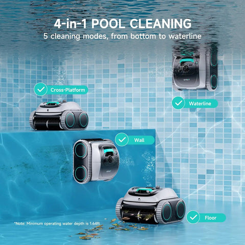 Cordless 4 In 1 Pool Cleaner for inground and above ground pools performing wall and floor cleaning with triple motors.