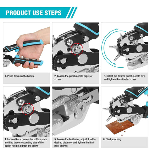 Instruction steps for Beefy Heavy Duty Leather Hole Punch Set With Six Hole Sizes 2mm 2.5mm 3mm 3.5mm 4mm 4.5mm For Belts