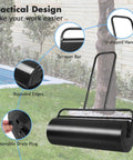Heavy Duty Lawn Roller 17 Gallons Water Filled Sod Roller with steel drum and ergonomic handle details in park setting