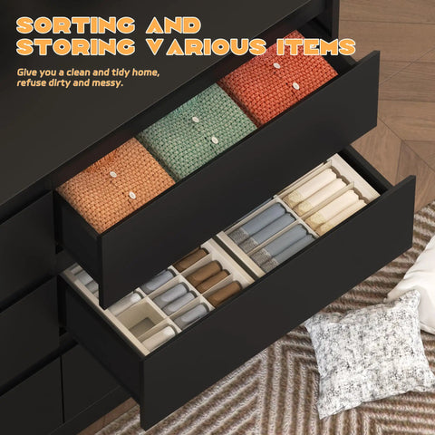 Open drawers of the Black Modern 3 Drawer Dresser For Bedroom And Living Room showing organized storage solutions with items inside.