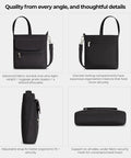 Anti-Theft Classic Mini Shoulder Bag With 5-Point Security System, shown from front, side, and bottom, highlighting design and features.