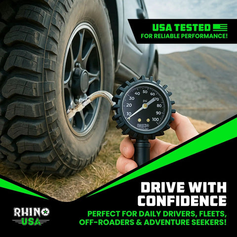 Three In One Tire Inflator And Gauge With Heavy Duty Air Chuck Braided Stainless Hose Large Analog Dial Solid Brass Fittings For Truck And RV 0 To 100 Psi No Battery Needed Inflate Check And Bleed In One Tool measuring tire pressure on SUV
