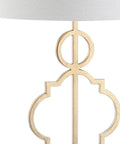 Close-up of Gold Modern Quatrefoil LED Table Lamp With Marble Base And Linen Drum Shade For Living Room Or Bedroom Vibe Cozy