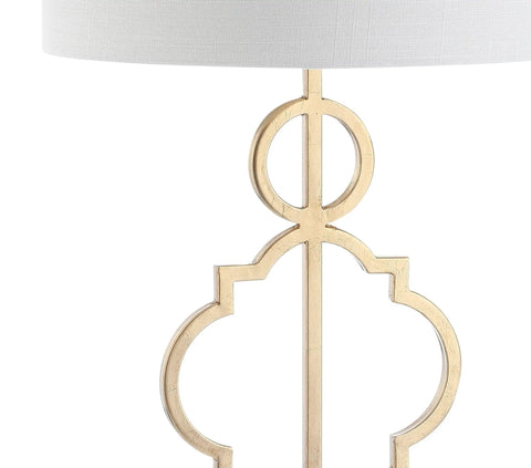 Close-up of Gold Modern Quatrefoil LED Table Lamp With Marble Base And Linen Drum Shade For Living Room Or Bedroom Vibe Cozy