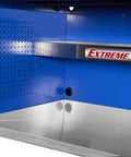 Beast Mode Fully Assembled Work Station Hutch Fifty Five Inches Wide With Ball Bearing Drawer Slides And Heavy Duty Stainless Steel Work Surface showing blue wall with tool storage area and stainless steel surface.