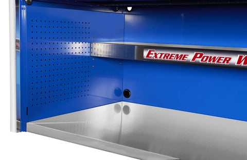 Beast Mode Fully Assembled Work Station Hutch Fifty Five Inches Wide With Ball Bearing Drawer Slides And Heavy Duty Stainless Steel Work Surface showing blue wall with tool storage area and stainless steel surface.
