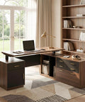 Fly Setup L Shaped Electric Standing Desk With Drawers And USB Charging Ports Dead Quiet Programmable Memory Height Adjustable Executive Workstation Built Tough For Smooth Posture Switches in modern office setting with laptop.