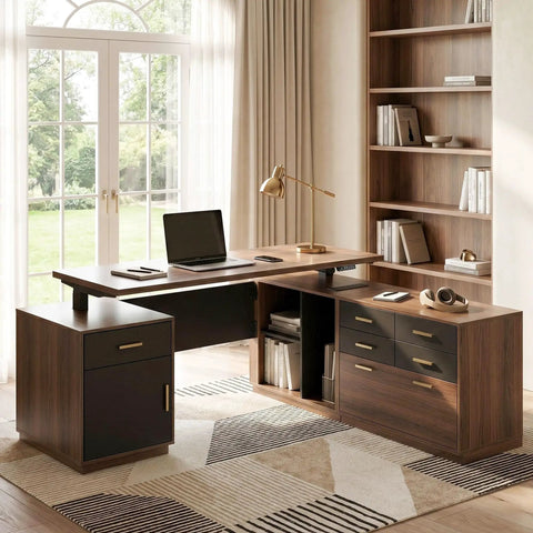 Fly Setup L Shaped Electric Standing Desk With Drawers And USB Charging Ports Dead Quiet Programmable Memory Height Adjustable Executive Workstation Built Tough For Smooth Posture Switches in modern office setting with laptop.