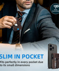 Man holding Airtag Wallet For Men With Money Clip And 10 Card Capacity, Slim Metal Case Pop Up Card Holder in car
