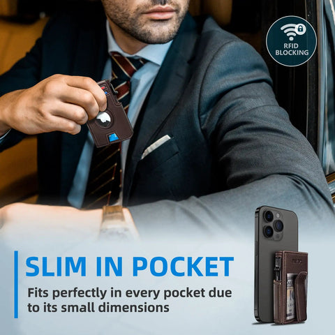 Man holding Airtag Wallet For Men With Money Clip And 10 Card Capacity, Slim Metal Case Pop Up Card Holder in car