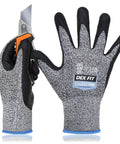 Extreme Cut Resistant Gloves Level 5 ANSI EN 388 Protection shown with hands holding a utility knife, grey size XS.