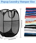 Pop Up Laundry Hamper 70L Collapsible Mesh Bin With Side Pocket And Reinforced Handles, dimensions shown with folded clothes