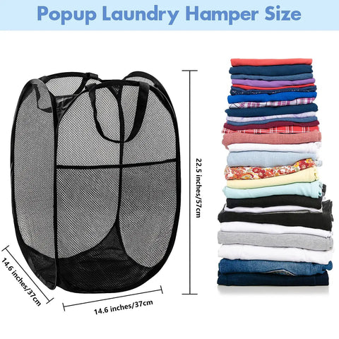 Pop Up Laundry Hamper 70L Collapsible Mesh Bin With Side Pocket And Reinforced Handles, dimensions shown with folded clothes