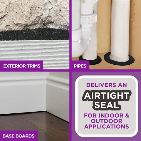 Expandable Foam Platinum Weatherseal for Uneven Gaps Black Window Seal applied to exterior trims, pipes, and base boards