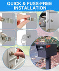 Universal Mailbox Lock Replacement Kit with four keys, showing easy installation on different mailbox types and sizes.