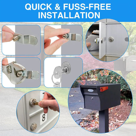 Universal Mailbox Lock Replacement Kit with four keys, showing easy installation on different mailbox types and sizes.