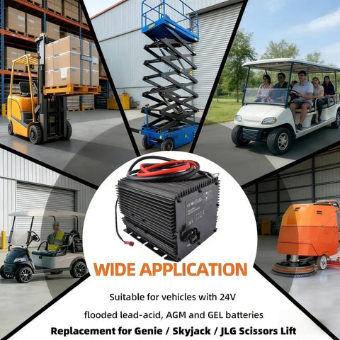 Jobsite Ready Hb600 24V 25A Scissor Lift Battery Charger Replacement For Genie Skyjack Jlg Lifts shown with scissor lift and forklifts.