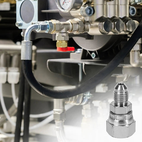 Heavy Duty Hydraulic Fitting Built To Last One Quarter Inch Male JIC To Three Eighth Inch Female JIC Swivel Carbon Steel SAE Compliant With Seven Sixteen Inch Twenty Thread And Nine Sixteen Inch Eighteen Female Threads installed on hydraulic hose
