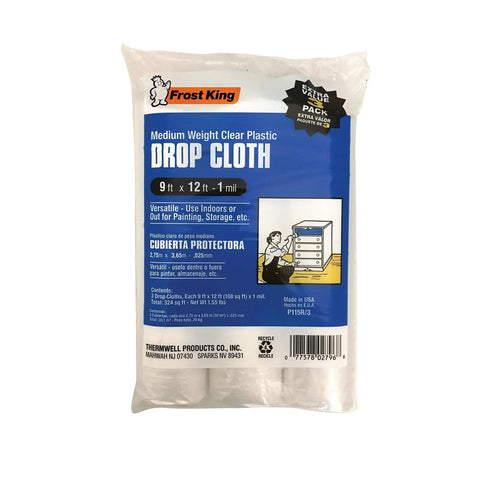 Package of Frost King Medium Weight Clear Polyethylene Drop Cloths 3 Pack 9 By 12 Feet 1 Mil Thick for painting and storage.